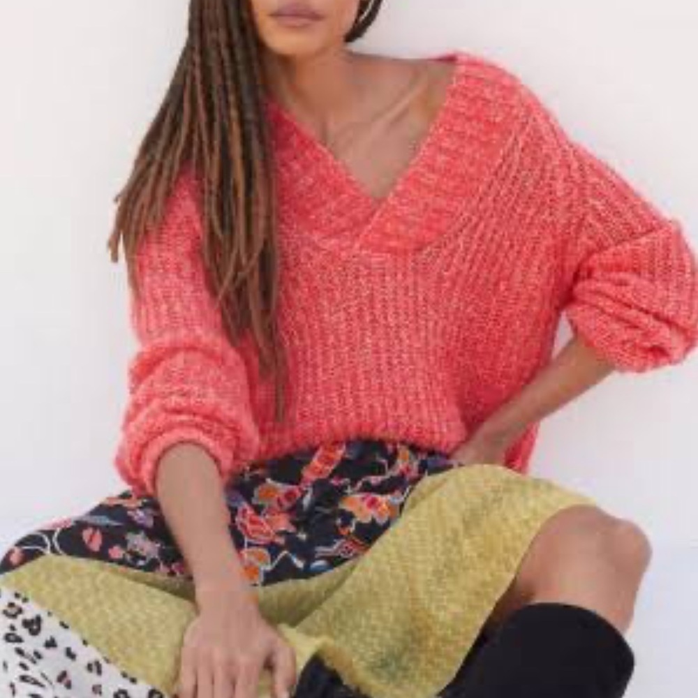 Anthropologie Coral V-Neck Ribbed Knit Sweater